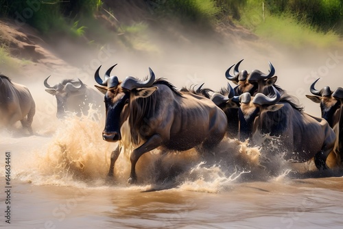 Wildebeests are crossing river. National Park