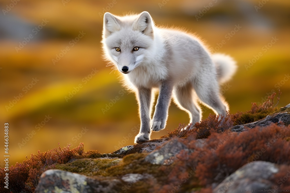 Arctic fox living in the jungle, seen in autumn setting Arctic fox living in the jungle, seen in autumn setting