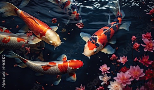 Koi fishes swimming in a koi fish pond created with AI © Timeless_art