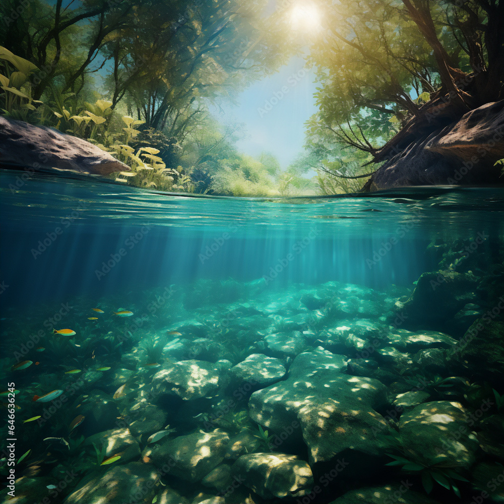 Half underwater scene with tropical fishes, create using generative AI tools Half underwater scene with tropical fishes, create using generative AI tools