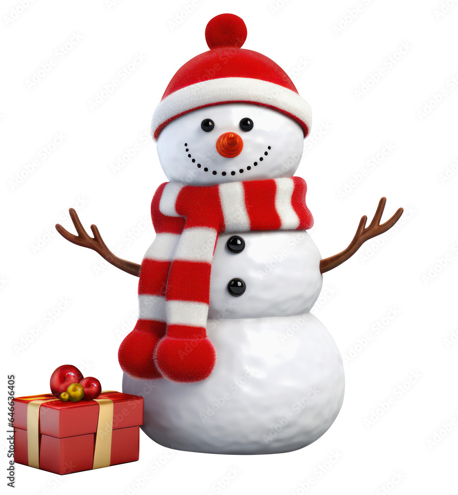Snowman with presents Christmas cute with scarf and hat, happy snowman isolated 