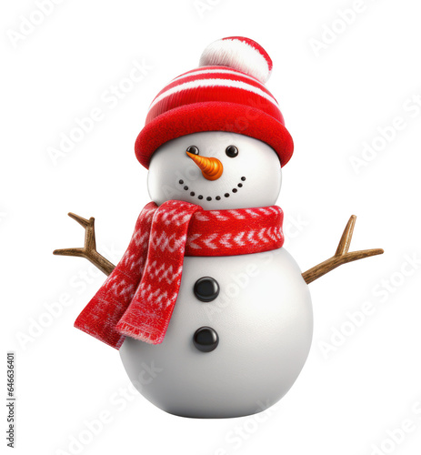 Snowman Christmas cute with scarf and hat, happy snowman isolated 