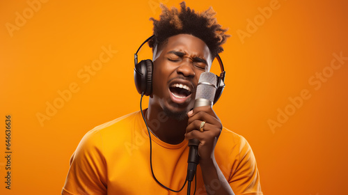 portrait of african american man singing with microphone isolated on yellow background 