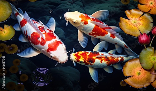 Koi fishes swimming in a koi fish pond created with AI