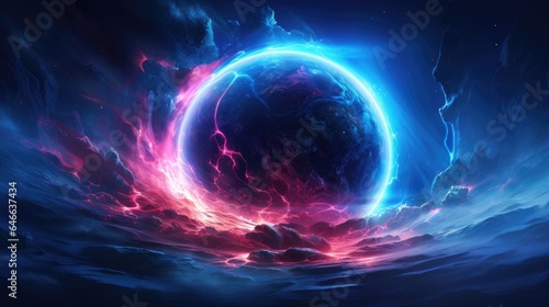 Stars  planets  fantasy landscapes of the future. Futuristic space sci-fi abstract background Sci-fi landscape with planets  neon lights  cool planets  3D render.