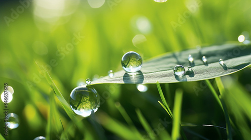 A beautiful morning dew macro photography shot of clean transparent rain water drops, multiple droplets over the green leaf in sunlight with bokeh, selective focus. purity, freshness, reflection. photo