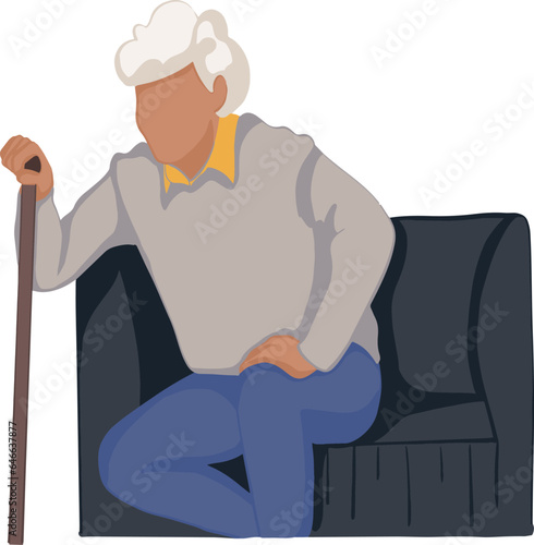 An elderly man has difficulty getting up from his chair. Bone and joint problems in the elderly Problems.  knee pain, back pain, backache senile disease and osteoporosis. vector illustration.