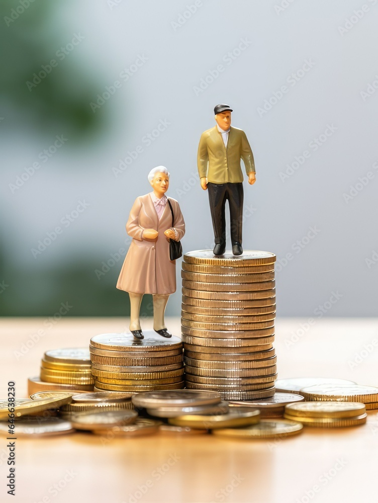 plastic model senior married couple standing on a stack of coins. concept to show retirement and retirement savings. generative AI - obrazy, fototapety, plakaty 