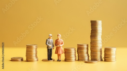 plastic model senior married couple standing on a stack of coins. concept to show retirement and retirement savings. generative AI
