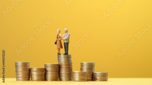 plastic model senior married couple standing on a stack of coins. concept to show retirement and retirement savings. generative AI