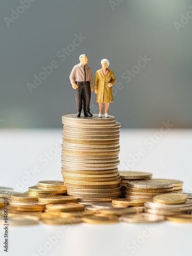 plastic model senior married couple standing on a stack of coins. concept to show retirement and retirement savings. generative AI