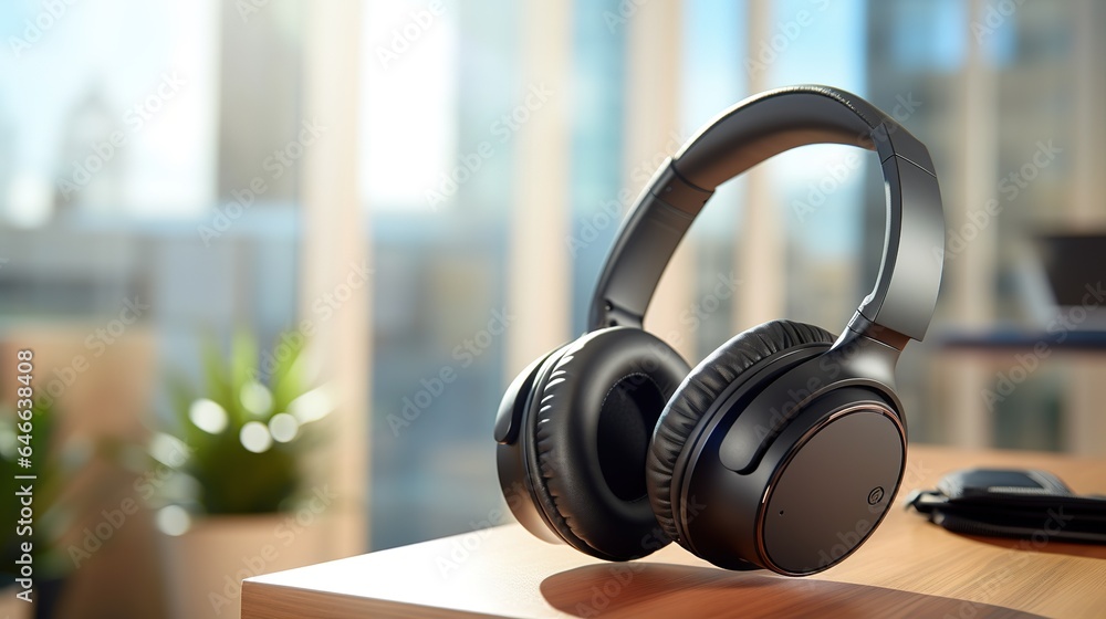Noise-Canceling Headphones Resting on a Desk Amidst a Quiet Home Office Setting Noise-Canceling Headphones Resting on a Desk Amidst a Quiet Home Office Setting