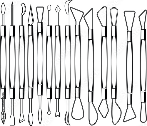 Set of black and white pottery sculpting tools. Sculpting tools vector illustration
