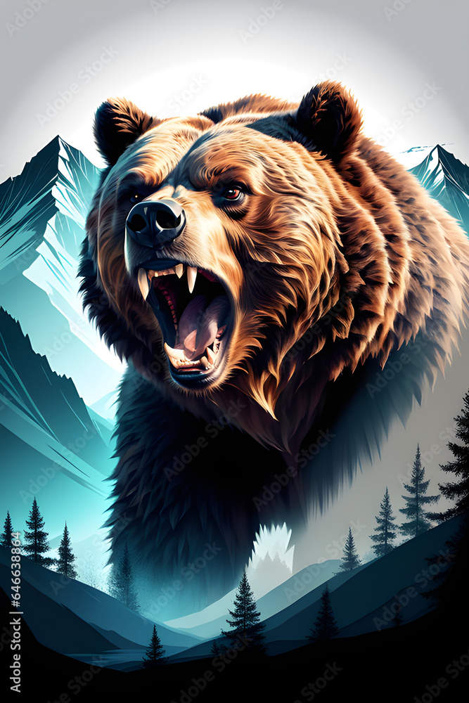 a colorful illustration using gradients of a Canadian grizzly bear with trees and mountains encompassing it suitable for a t-shirt design. a colorful illustration using gradients of a Canadian grizzly bear with trees and mountains encompassing it suitable for a t-shirt design.
