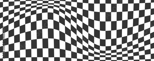 Checkerboard wavy pattern. Abstract chess square print. Black and white psychedelic optical illusion. Warped flag with geometric graphic. Y2k design for banner