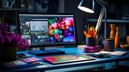 A Designer's Workspace Featuring a Graphic Tablet and Color Swatches