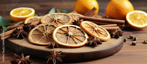 Eco-friendly home decor with dried orange peel, spices, and coffee. No waste concept.