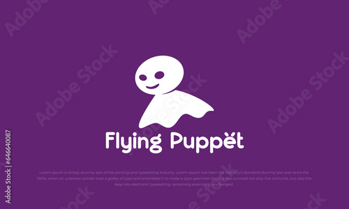 cute flying ghost puppet logo pictogram style, white color in purple background