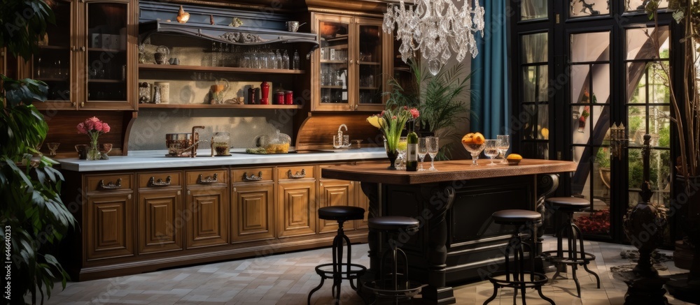 Classical-style table room with kitchen and bar rack.