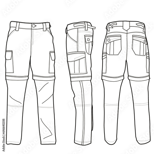 Technical sketch of men's cargo pants vector template, cargo trousers front, back, and side view, isolated on white background.