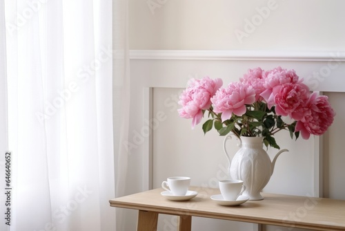 Living room still life. Vase with pink peonies flowers. Cup of tea, coffee and tea pot on wooden table near window with curtains. Romantic breakfast. white wall background with elegant, Generative AI