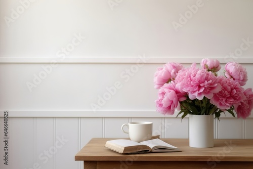 Elegant interior still life. Vase with pink peonies flowers. Cup of tea, coffee on books. Wooden table, desk. Romantic breakfast. Minimal rustic home, Generative AI