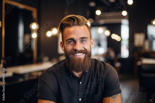 Smiling portrait of a happy young male caucasian hairstylist or barber working in a hair salon or barbershop
