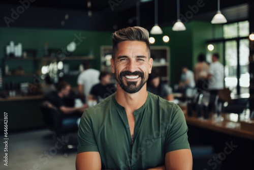 Smiling portrait of a happy young male caucasian hairstylist or barber working in a hair salon or barbershop photo