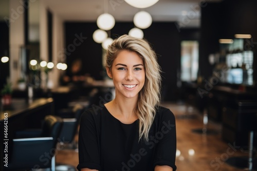 Smiling portrait of a happy female caucasian hairstylist or hairdresser working in her hair salon