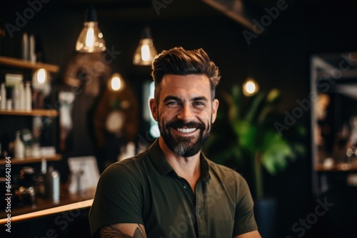 Smiling portrait of a happy young male caucasian hairstylist or barber working in a hair salon or barbershop