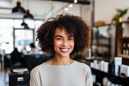 Smiling portrait of a happy young female african american hairstylist or hairdresser working in her hair salon