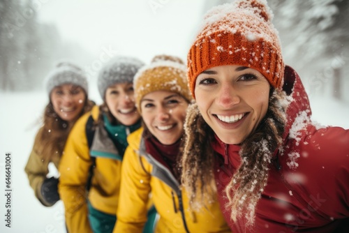 Young and diverse group of happy female friends jogging together during the winter and snow in the park