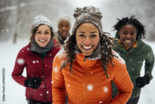 Young and diverse group of happy female friends jogging together during the winter and snow in the park