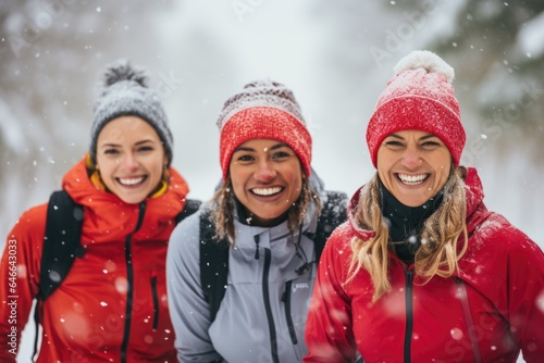 Young and diverse group of happy female friends jogging together during the winter and snow in the park