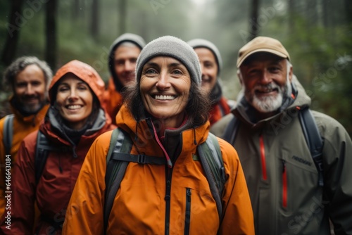 Happy and diverse group of senior people or friends hiking together in the forests or woods © Geber86