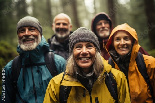 Happy and diverse group of senior people or friends hiking together in the forests or woods