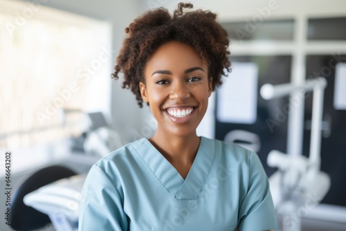 Smiling portrait of a happy female african american dentist working in a dental office
