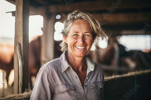 Smiling portrait of a happy female middle aged farmer in a stable or barn on a farm