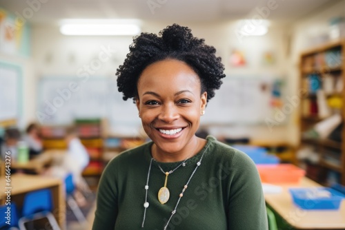 Smiling portrait of a happy female young african american kindergarten teacher in a kindergarten