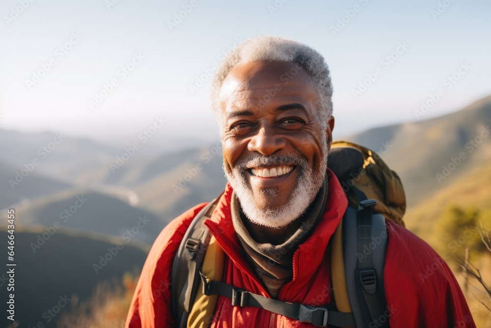 Smiling portrait of a happy senior african american male hiker hiking in the mountains and forests