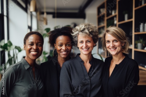 Smiling portrait of a happy female middle aged group of coworkers or colleagues working together for a startup company in a modern business office