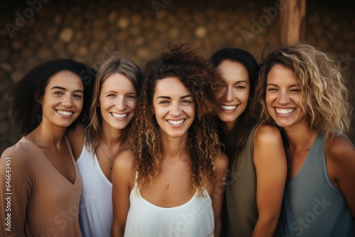 Smiling portrait of a young and diverse group of women in a yoga class