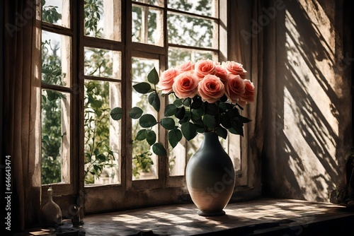 Describe the view from the window as it frames the vase and rose, merging the indoor and outdoor worlds in a harmonious composition. #646643474