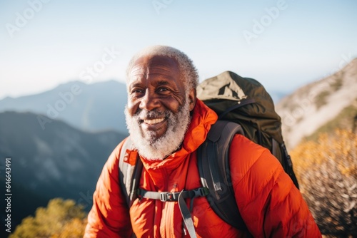 Smiling portrait of a happy senior african american male hiker hiking in the mountains and forests