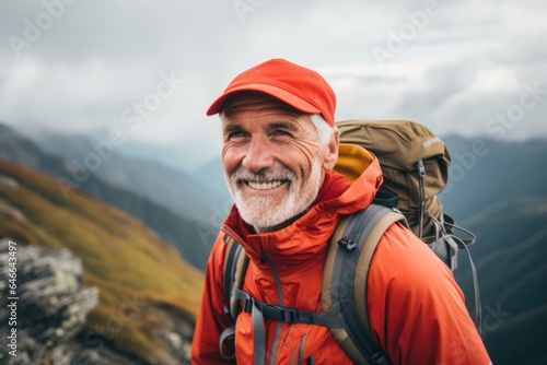 Smiling portrait of a happy senior caucasian male hiker hiking in the mountains and forests
