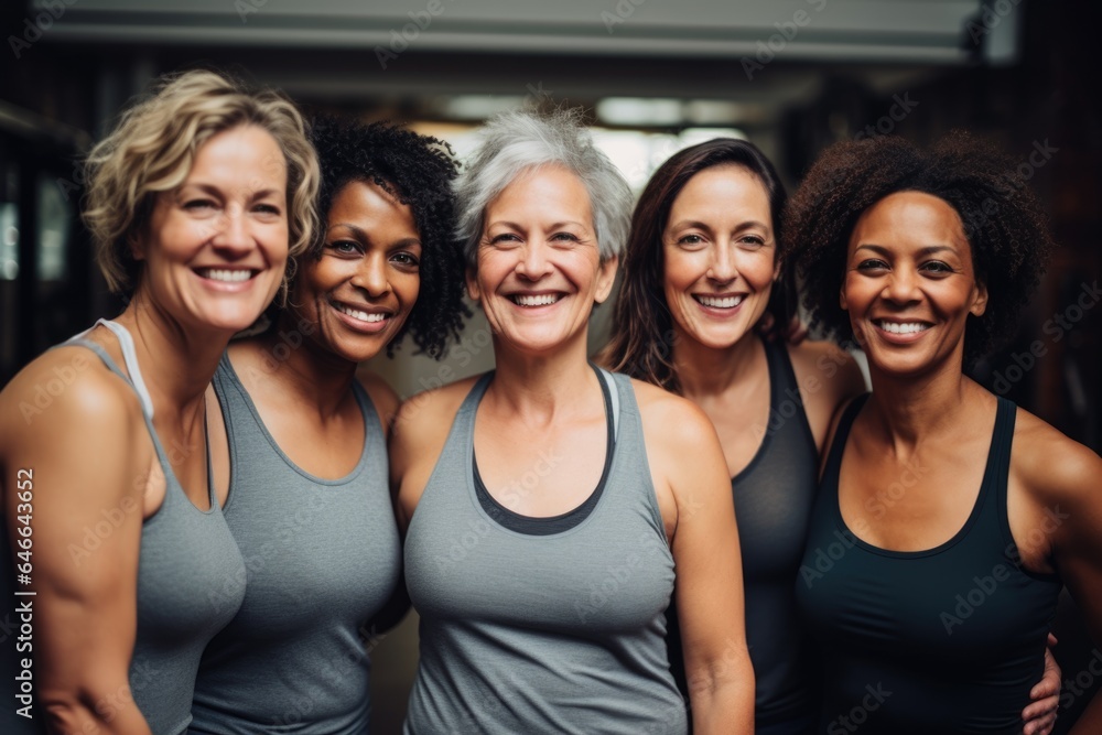 Smiling portrait of a group of middle aged women in sports clothes in a gym