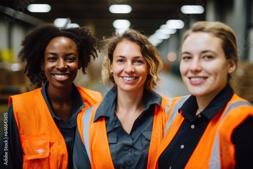 Smiling portrait of a young and diverse group of female warehouse workers and managers working in a warehouse © Geber86