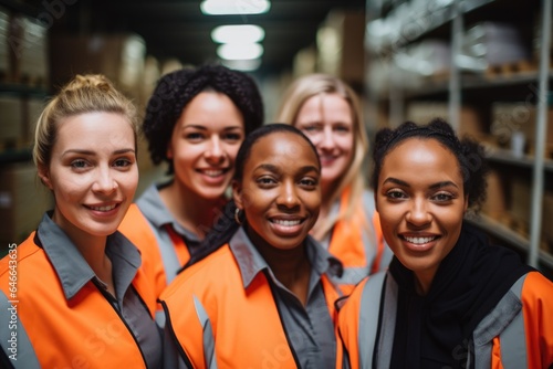Smiling portrait of a young and diverse group of female warehouse workers and managers working in a warehouse © Geber86