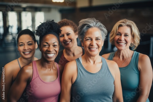 Smiling portrait of a group of middle aged women in sports clothes in a gym