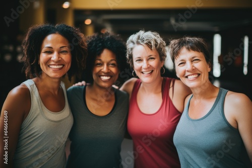 Smiling portrait of a group of middle aged women in sports clothes in a gym